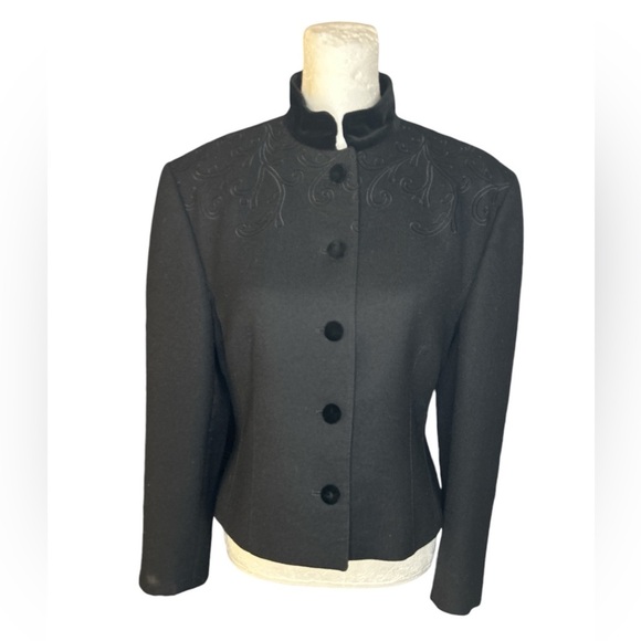 Vintage Louis Feraud Wool Blazer Evening Jacket‎  Velvet Embroidery Size 8 Black - Picture 1 of 9